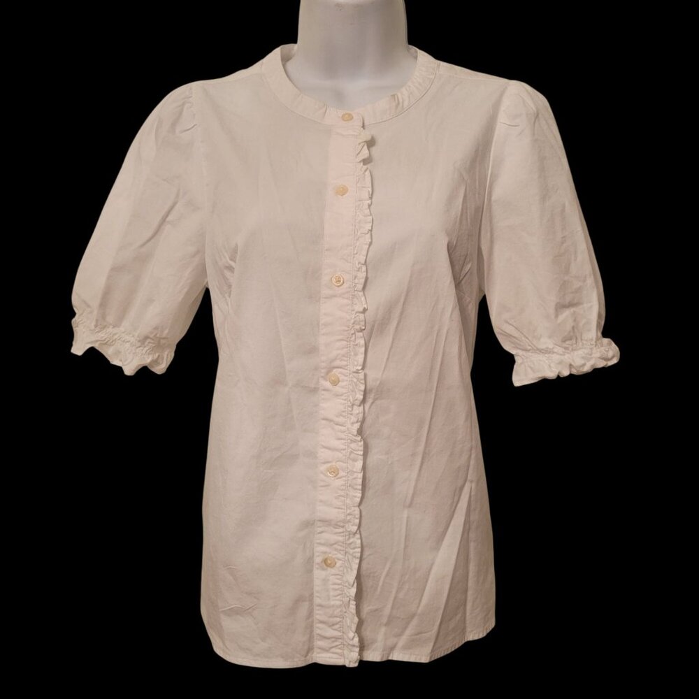 J Crew White Puff Sleeve Cotton Blouse S Ruffle Trim Career Business Professiona